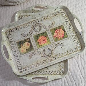 Floral Motif Melamine Serving Trays - Set of Two